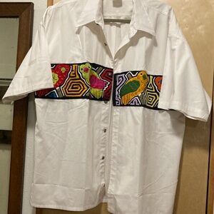 PANAMA White Shirt, with colorful embroidery and pockets, 100% cotton, size XL